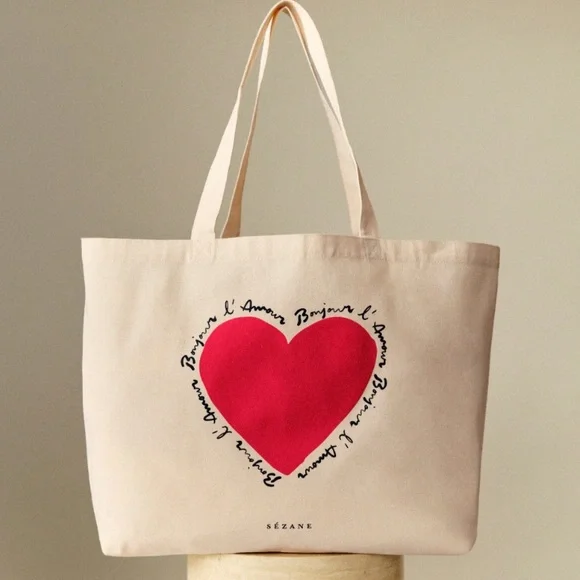 Sezane Heart Tote Bag Red and Cream NWT - Picture 7 of 7
